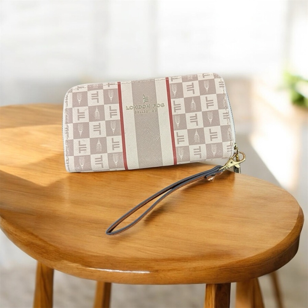 London Fog Checkered Zip Around Wristlet Wallet | Cream & Taupe Organizer